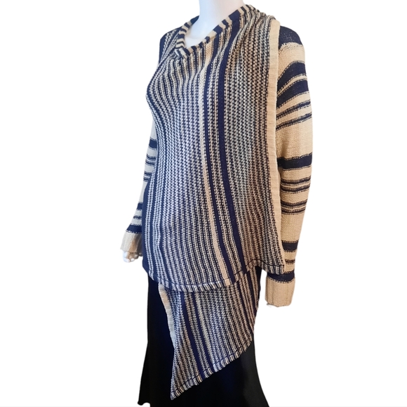 PRONTO Ribbon Knit Waterfall Front Convertible Striped Cardigan Sz M Navy/Ivory - Picture 2 of 8